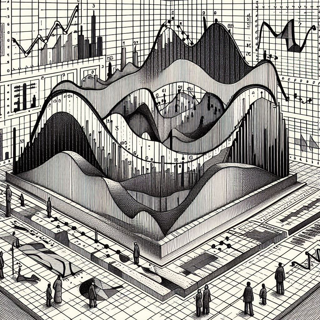 Bing image generator: A drawing of statistics linear regression, classification all on paper sheets, black ink M.C. Escher style